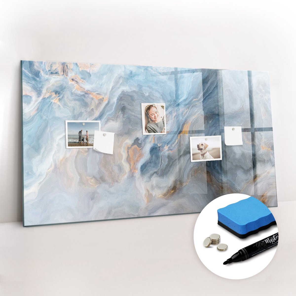 Tulup Whitebord - Klassiek marmerpatroon - 120 x 60 cm - Blauw Memo Bord - Gratis 5 Sterke Magneten + Whiteboard Marker & Wisser - Interieur Accessoires Kantoor - Magnet Board - Inspiratiebord Kantoor