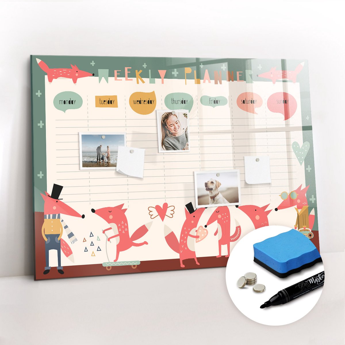 Tulup Whitebord - Weekplanner voor kleuters - 100 x 70 cm - Veelkleurig Memobord Glas - Gratis 5 Sterke Magneten + Whiteboard Marker & Wisser - Interieur Accessoires Kantoor - Foto Magneetbord - Productiviteit Tools