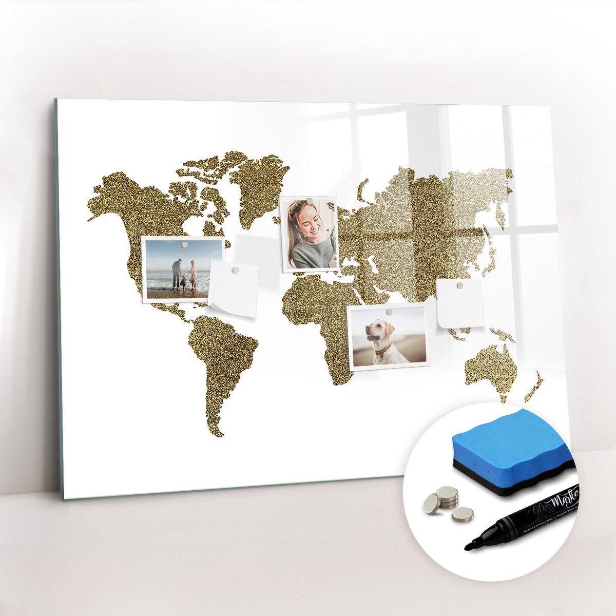 Tulup Whitebord - Muuromtrek wereldkaart - 100 x 70 cm - Bruin Magneetbord Rechthoekig - Gratis 5 Sterke Magneten + Whiteboard Marker & Wisser - Stylish Memo Board - Memobord Keuken - Notitiebord Werkplek