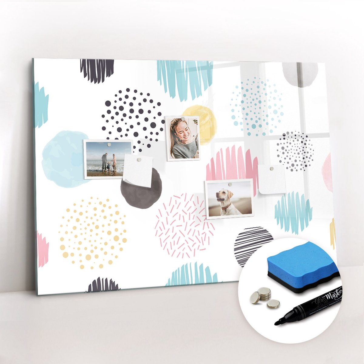 Tulup Whitebord - Geometrisch patroon - 100 x 70 cm - Veelkleurig Magneetbord Muur - Gratis 5 Sterke Magneten + Whiteboard Marker & Wisser - Scandinavisch Design Bord - Magneetbord Rechthoekig - Notitiebord Werkplek