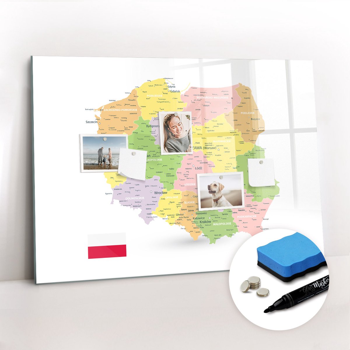 Tulup Whitebord - Kaart van Polen - 100 x 70 cm - Veelkleurig Magnet Board - Gratis 5 Sterke Magneten + Whiteboard Marker & Wisser - Wanddecoratie Kantoor - Magneetbord Foto - Ideeënbord Thuiswerkplek