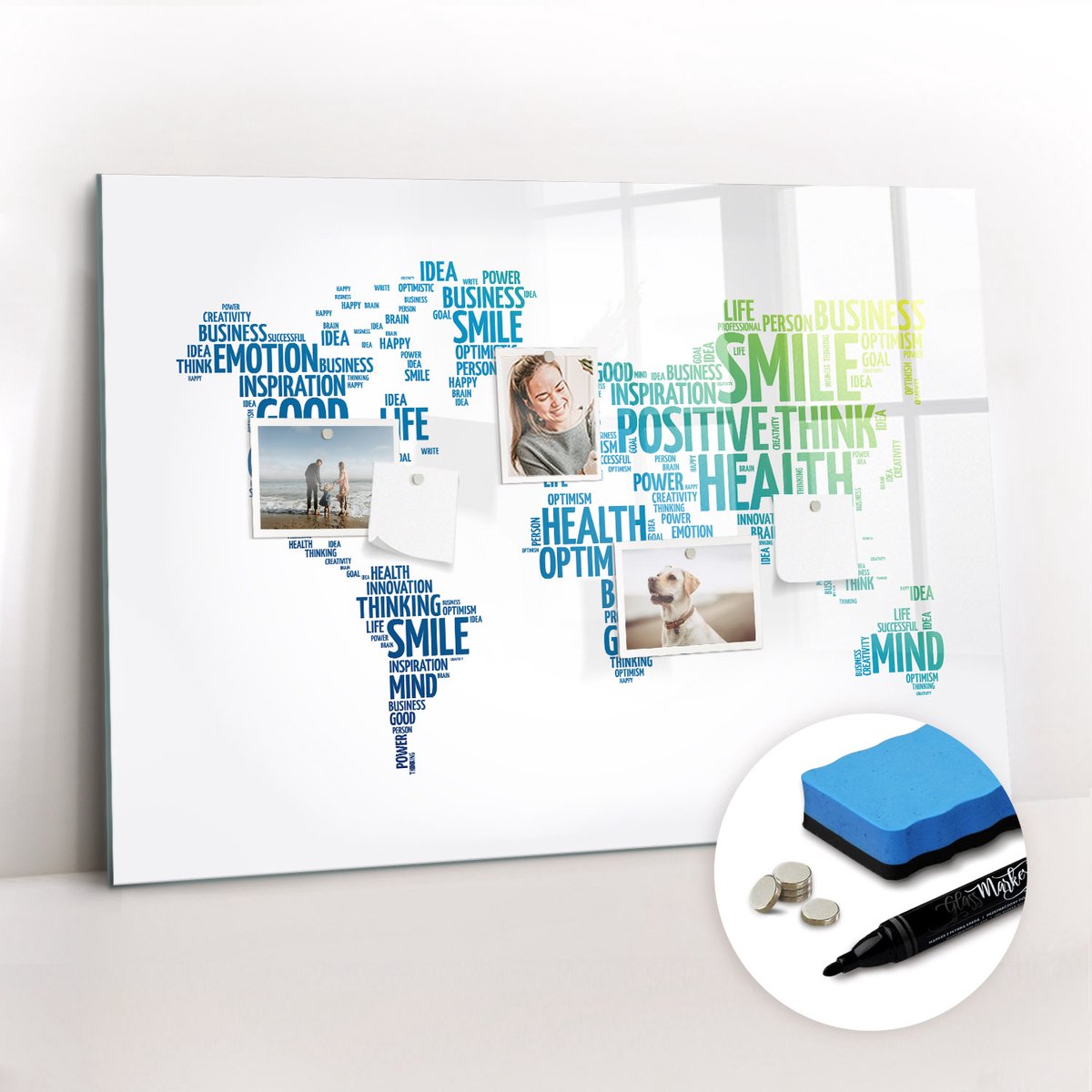 Tulup Whitebord - Kaart van vriendelijke woorden - 100 x 70 cm - Blauw Magneetbord Muur - Gratis 5 Sterke Magneten + Whiteboard Marker & Wisser - Stylish Memo Board - Memobord Glas - Planning Muur