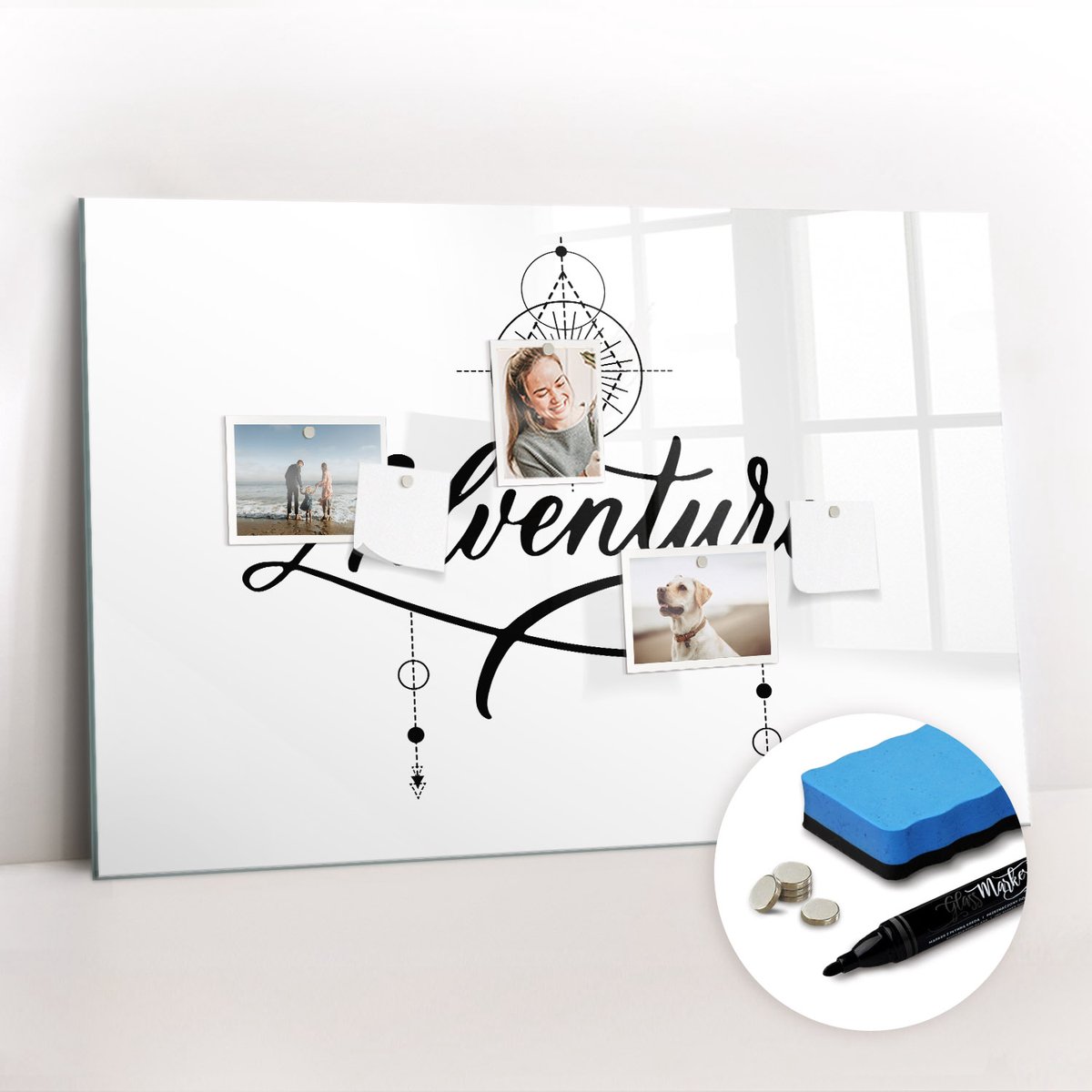 Tulup Whitebord - Avontuur - 90 x 60 cm - Wit Magnetisch Bord Kind - Gratis 5 Sterke Magneten + Whiteboard Marker & Wisser - Scandinavisch Design Bord - Memobord Glas - Notitiebord Werkplek