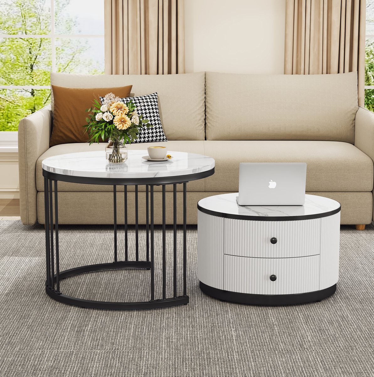 HAUSS SPOLE Salontafel - Ronde Nesting Set Met 2 Lades En Hoogglans Marmerlook - Voor Woonkamer - MDF En Kunststof - 60x60x45,5 Cm - Wit Zwart