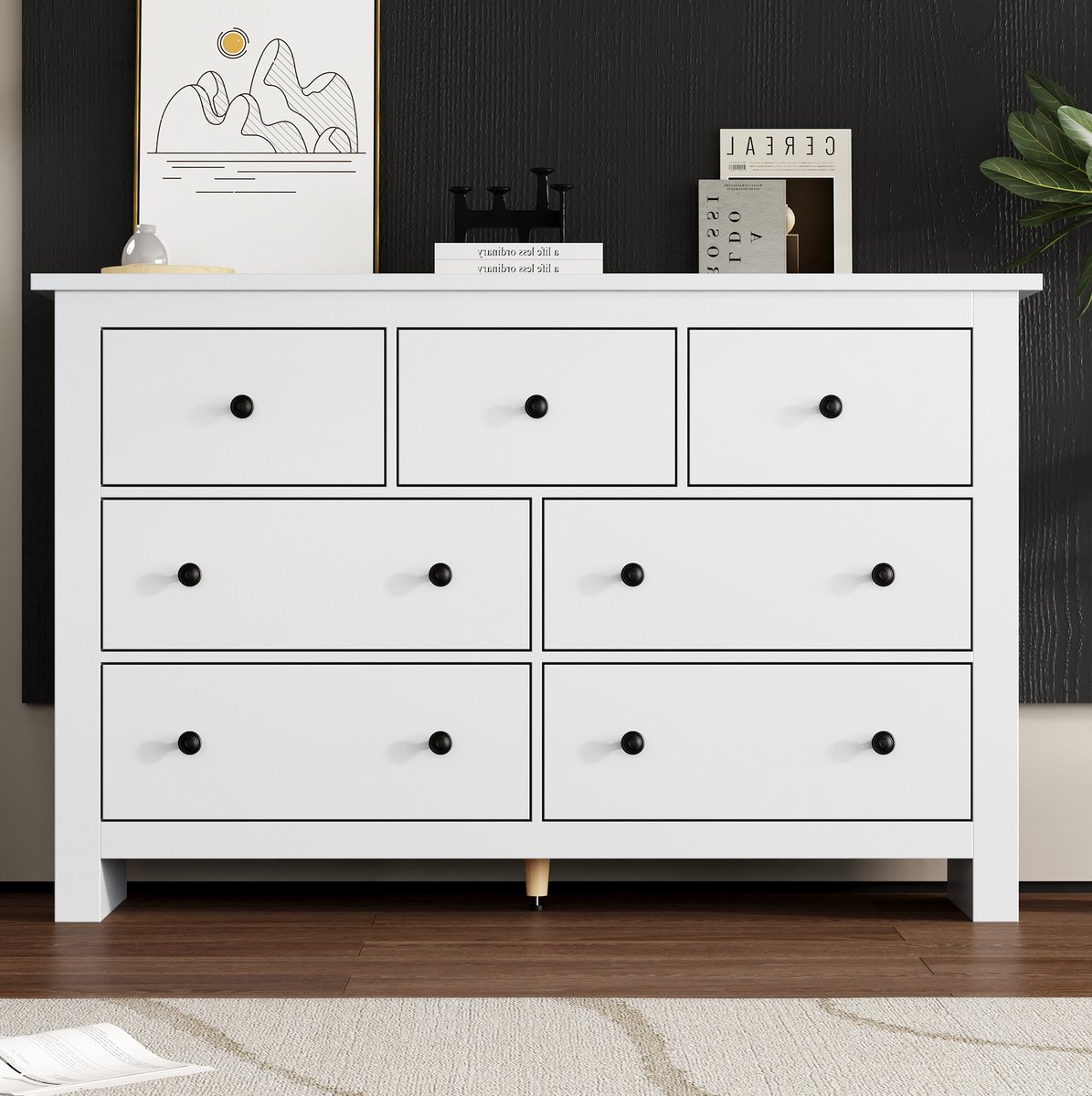 HAUSS SPOLE Dressoir - Minimalistische Kast Met 7 Lades En Grote Opbergruimte - Voor Keuken Hal En Woonkamer - Spaanplaat - 152x40x88,5 Cm - Wit