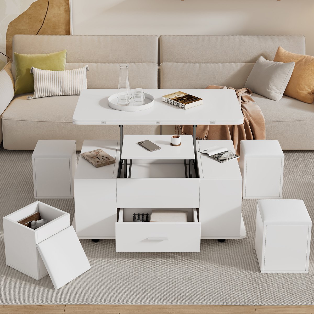 HAUSS SPOLE Salontafel - Hoogte Verstelbaar En Uitklapbaar Met Lade En 4 Opbergkrukken - Voor Woonkamer En Eethoek - Spaanplaat - 100x50x45 Cm - Wit
