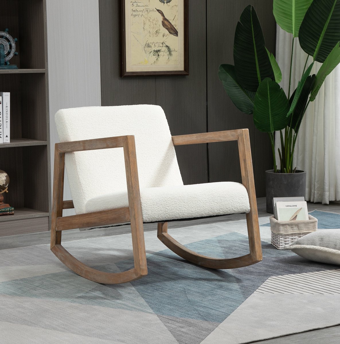 MEUNIQ schommelstoel fauteuil met armleuningen en gepolsterde zitting, 60 x 81 x 71 cm, teddyfleece relaxstoel voor woonkamer slaapkamer of kantoor, crème Crèmewit