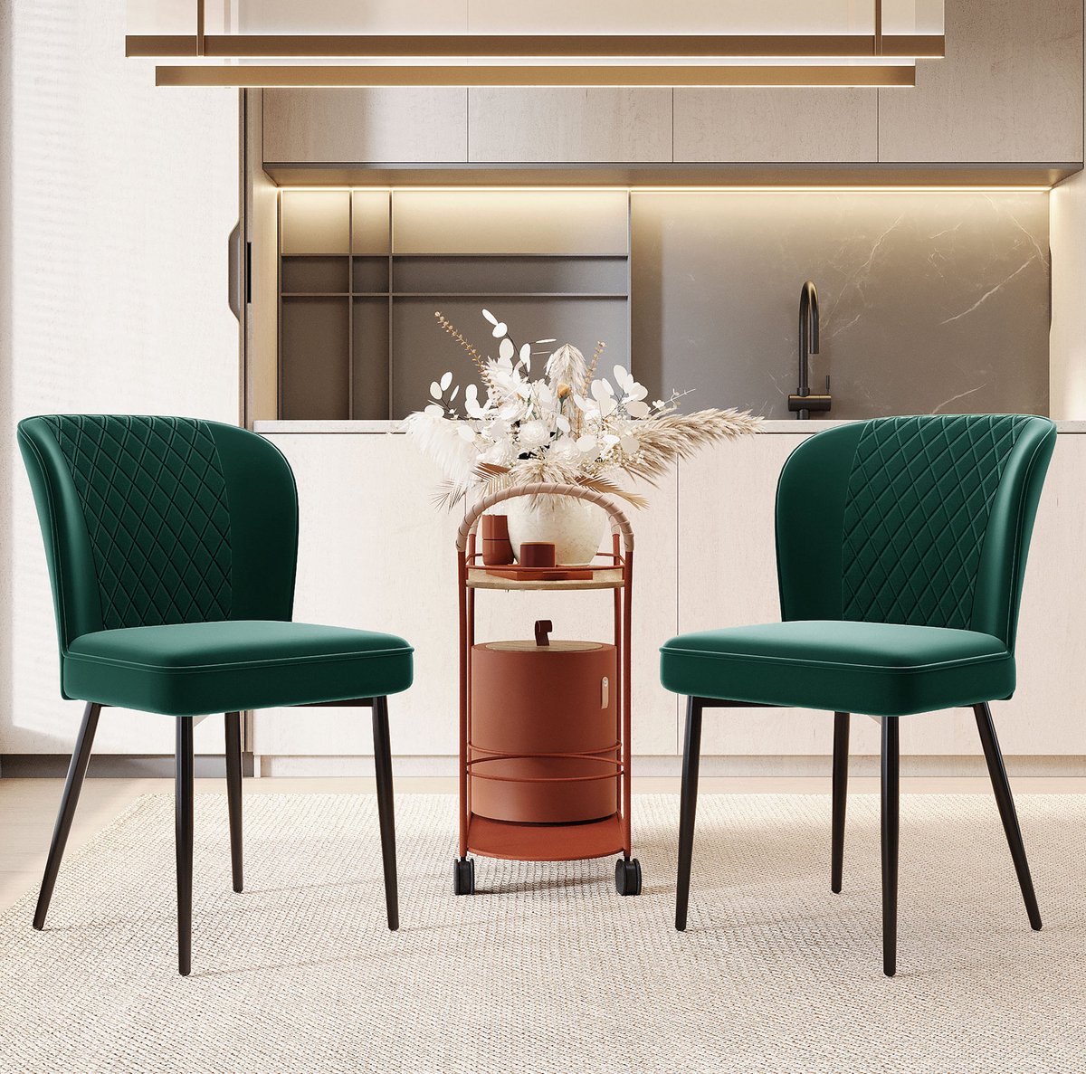 DESMIU Eetkamerstoel 49 x 41 x 86 cm - Set Van 2 Met Ergonomische Rugleuning En Zachte Velvet Zitting - Voor Eetkamer En Keuken - Metaal Donkergroen