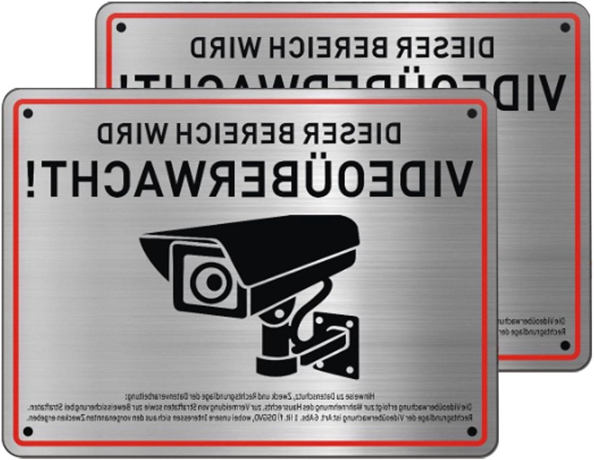 Bewakingsbord Aluminium - Camerabewaking Sticker - Veiligheid Aangeven - Zelfklevend en Boorbaar - 20 x 15 cm - Zwart Zilver