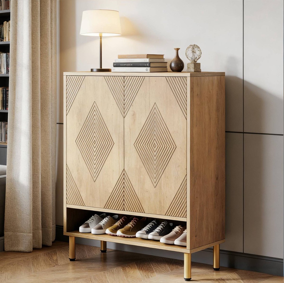 MIVRAY Schoenenkast - Houten Opbergkast Met 2 Deuren En Open Vak - 7 Niveaus Voor Hal En Woonkamer - Hout En Metaal - 73x35x115,5 Cm - Naturel