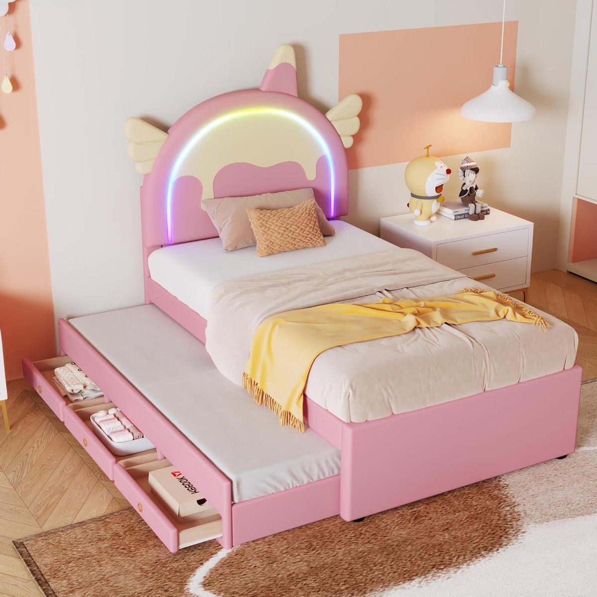Kinderbed met Lade - Eenpersoonsbed Uittrekbed - Kinderkamer Inrichten - Uniek Cartoon Ontwerp - 90x200 cm - Roze