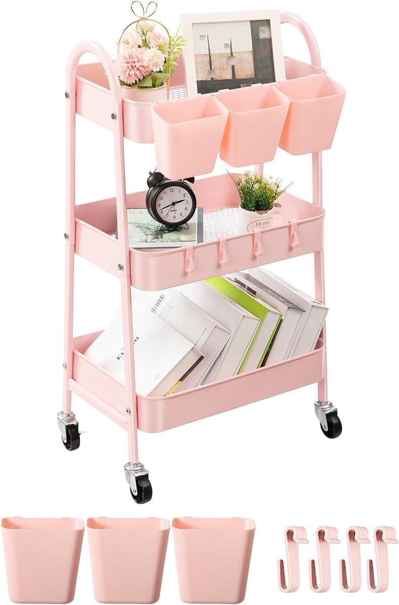 Rollende kar met 3 niveaus, metalen opbergkar met afsluitbare wielen en hangende bekers en haken, mobiele trolley voor keuken, badkamer, kantoor en werkplaats, roze