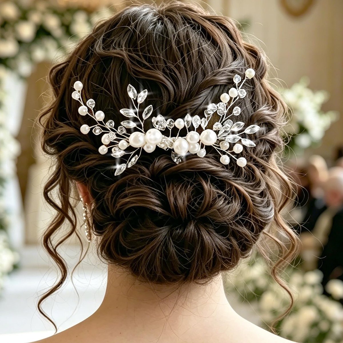 Bruidshaarkam met zilveren parels en kristallen, elegante haarkam met kristallen bloemen en parels voor bruiloft, feestelijk haarsieraad voor bruidsmeisjes en feestjes