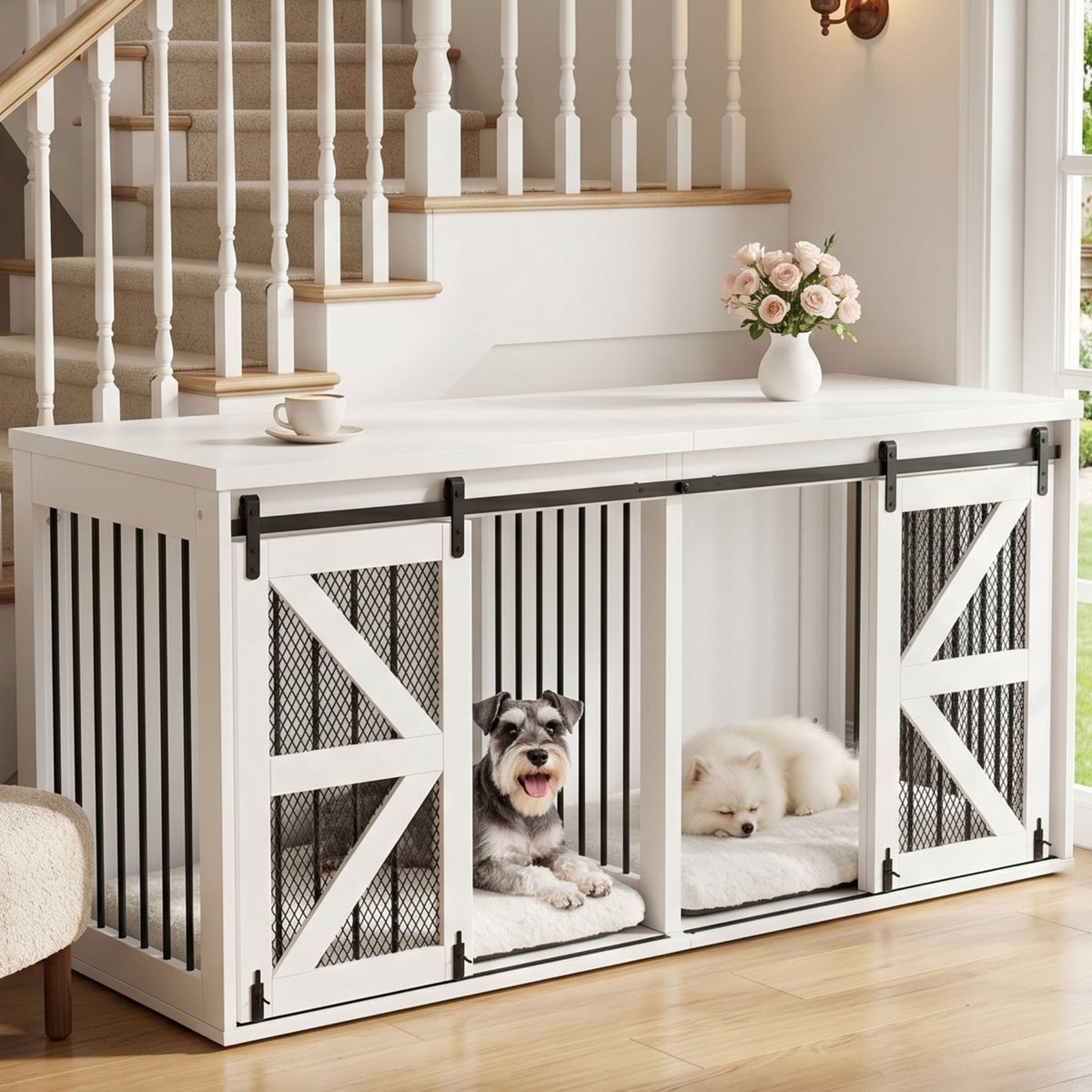 PHOEBE CAT Hondenbench - TV-kast - Met slot - Schuifdeur - Vaste scheidingswand - 160 x 60 x 75 cm - Wit + Zwart