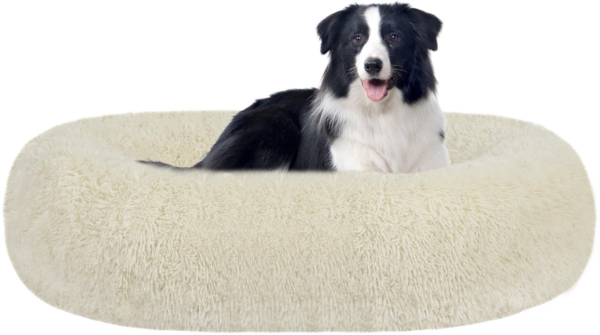 Orthopedisch hondenbed, rond, hondenkussen, hondensofa, kattenbed, donut, knuffelige hondenmand, wasbaar, diameter 90 cm, beige