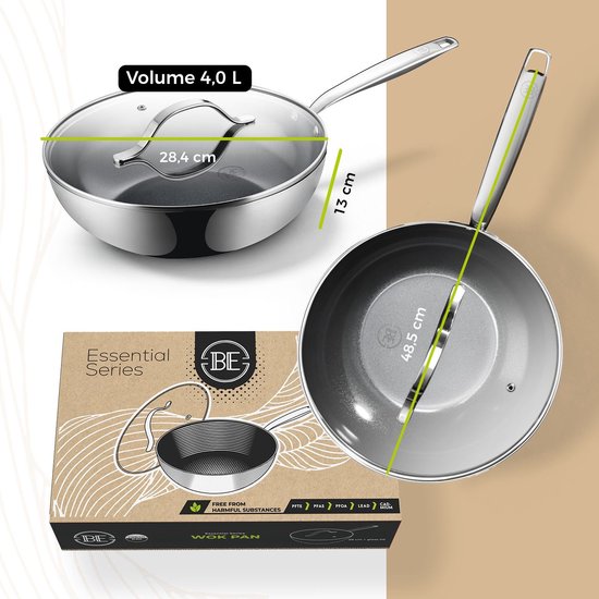 RVS wokpan met glazen deksel, inhoud 4,0 L, diameter 28,4 cm en hoogte 13 cm.