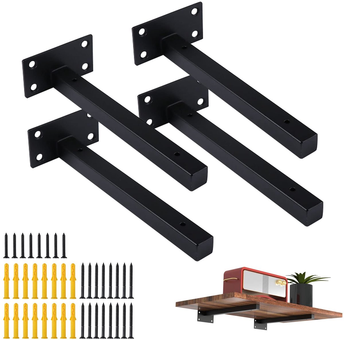 4 stuks wanddragers, plankondersteuning, zware lasten, wandrek, producthouder, zwevende, plankdrager voor wandconsole, zwart, van roestvrij staal, 35 kg draagkracht (25 cm)