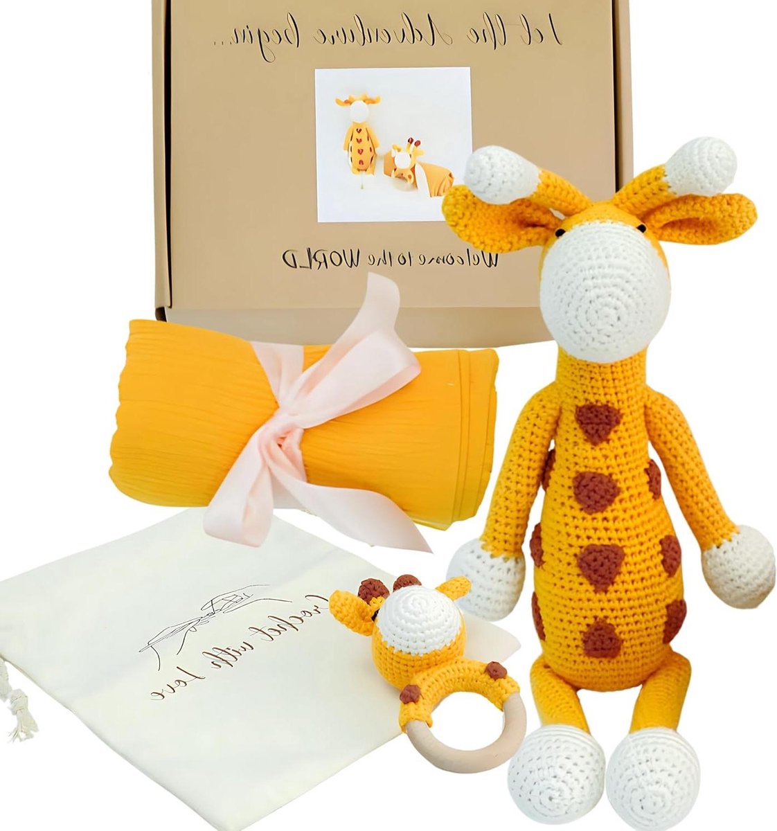 Baby Cadeauset - Baby Geschenkset Geboortecadeau - Baby Verzorgen - Giraffe Thema - 37 cm - Oranje