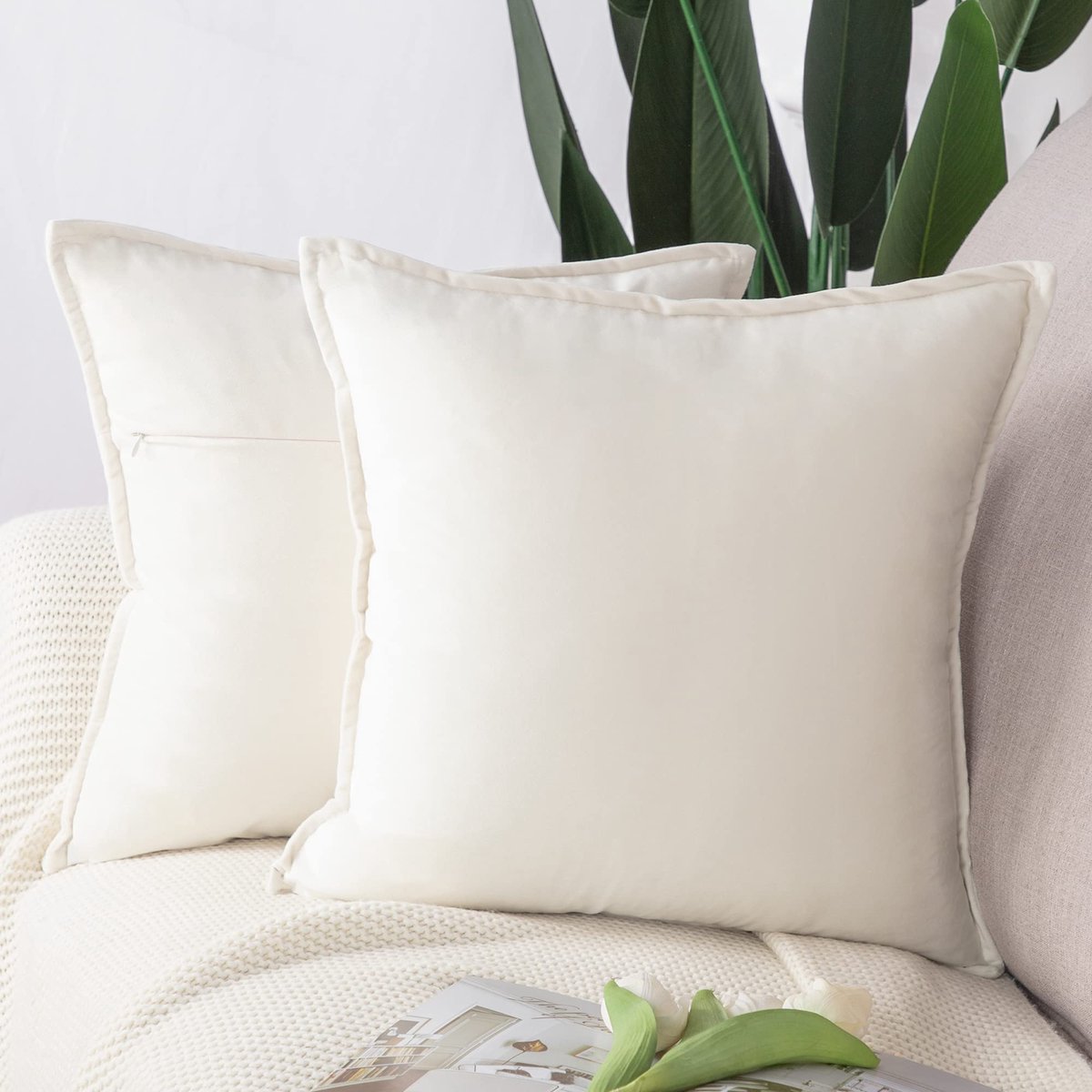 Set van 2 Super Zachte Fluwelen Decoratieve kussenslopen met Franje Luxe Stijl Kussenhoesje voor Sofa Slaapkamer 45x45 cm Crème wit