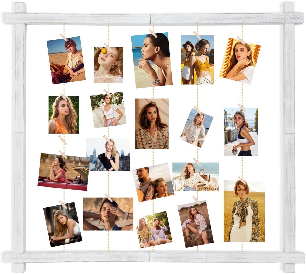 Houten Fotolijsten Voor Meerdere Foto'S, Collage-Fotolijsten Voor Aan De Muur Met Clips, Hangend Fotobord Voor Huisdecoratie (Rustiek Wit)