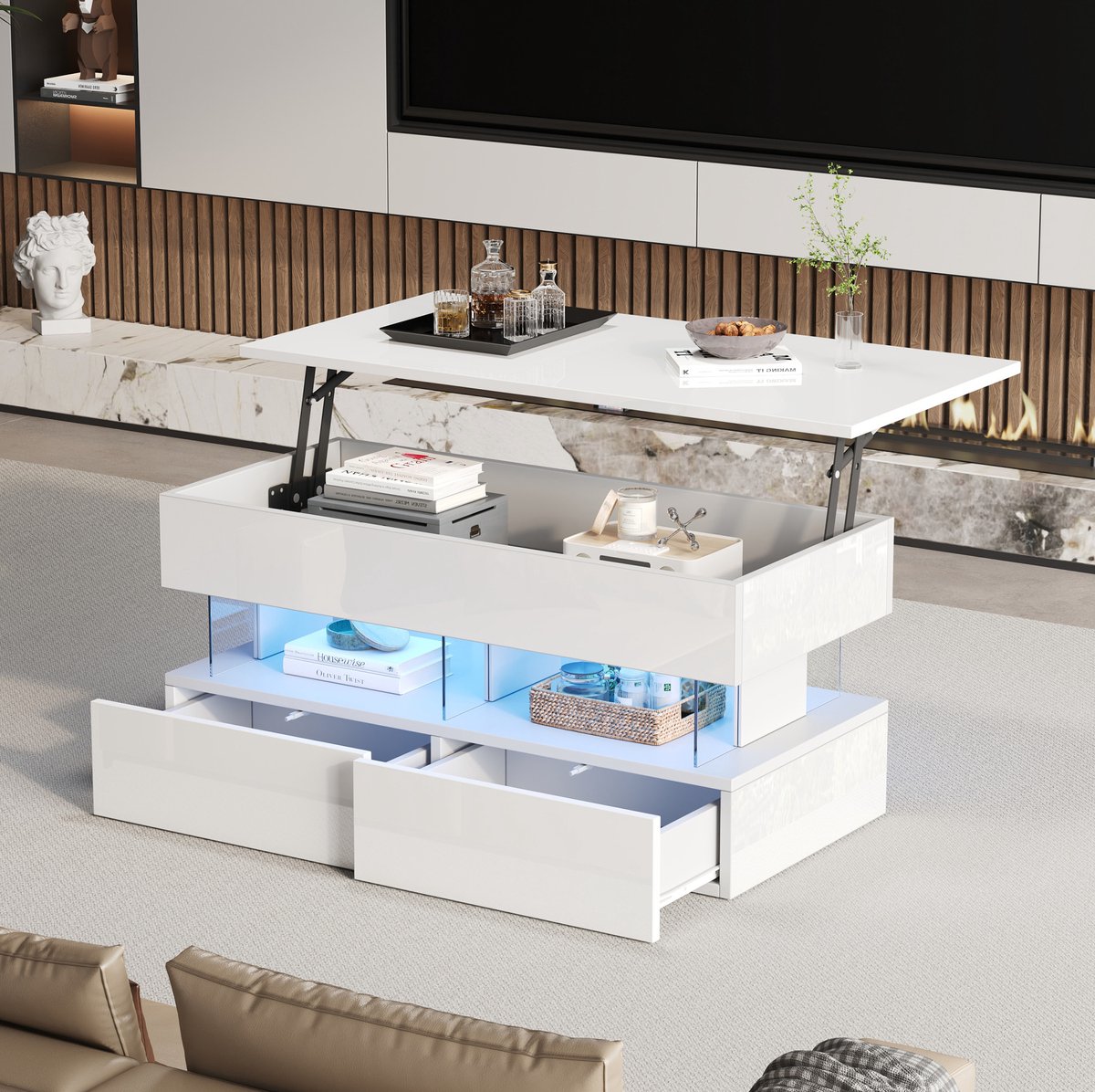 HAUSS SPOLE Salontafel - Hoogteverstelbaar Met LED En 2 Lades - Met Verborgen Opbergruimte Voor Woonkamer - MDF En Acryl - 100x50x46 Cm - Wit