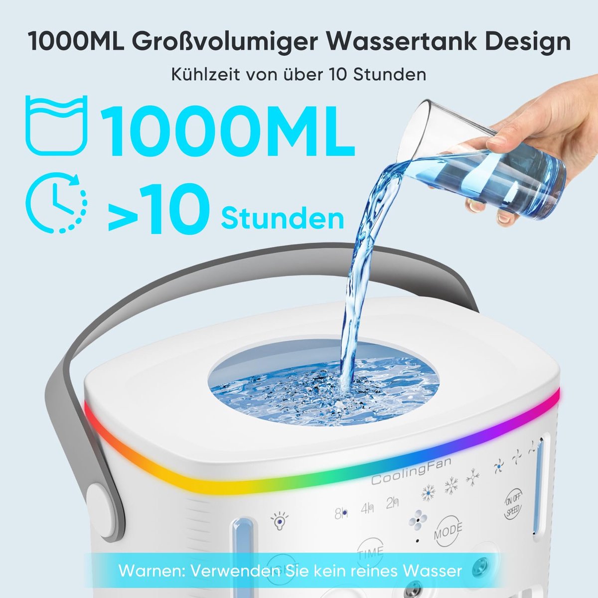 Mobiele airconditioning - mini-airconditioner voor de kamer - 4-in-1 luchtkoeler met waterkoeling - 1000 ml airconditioner zonder afvoerslang - draagbare airconditioner met 3 standen en kleurrijk licht voor de kamer – foto 5
