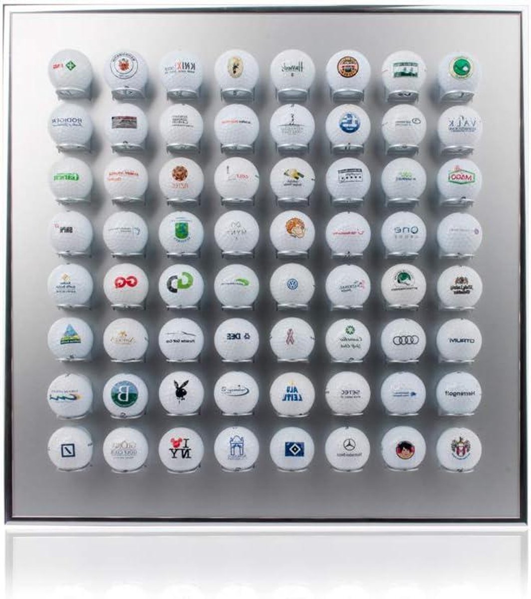 Golfballenrek Aluminium - Showbox Vitrine - Golfballen Tonen - Handgemaakt in Duitsland - Voor 64 Ballen - Zilver Mat
