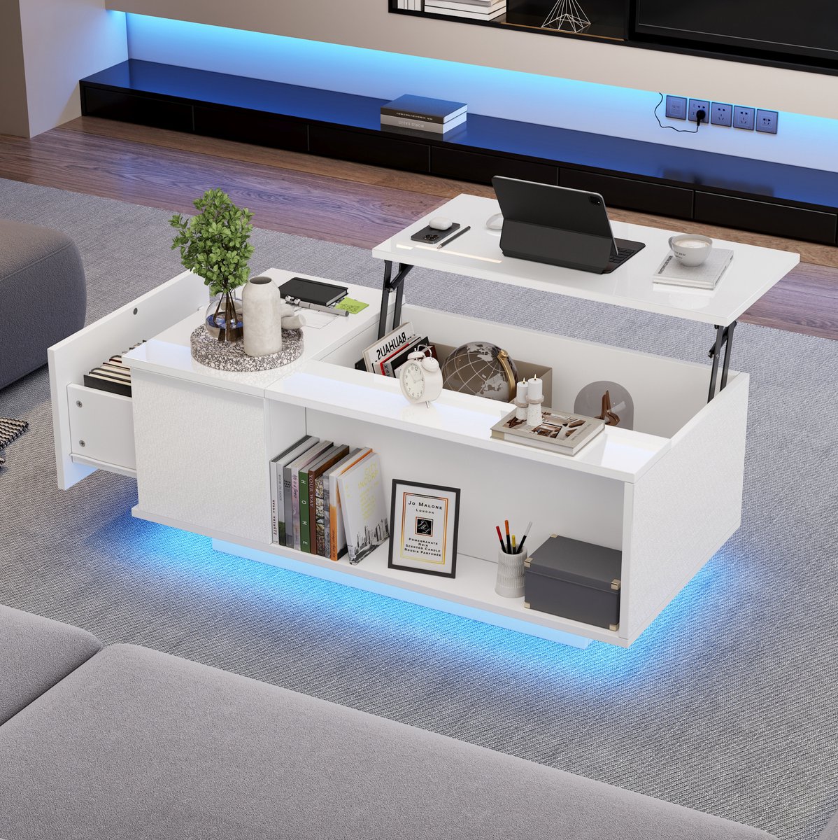 HAUSS SPOLE Salontafel - Hoogte Instelbaar Met Ledverlichting En Lade - Verborgen Opbergruimte Voor Woonkamer - Spaanplaat - 100x50x40 Cm - Wit