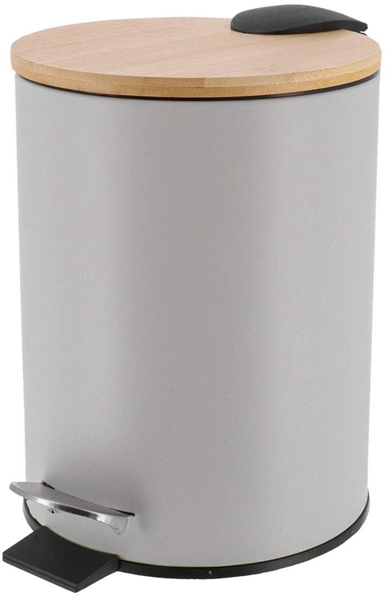 Metalen afvalemmer - Prullenbak - Afval scheiden - Valrem mechanisme - 3 liter - Lichtgrijs/bamboe
