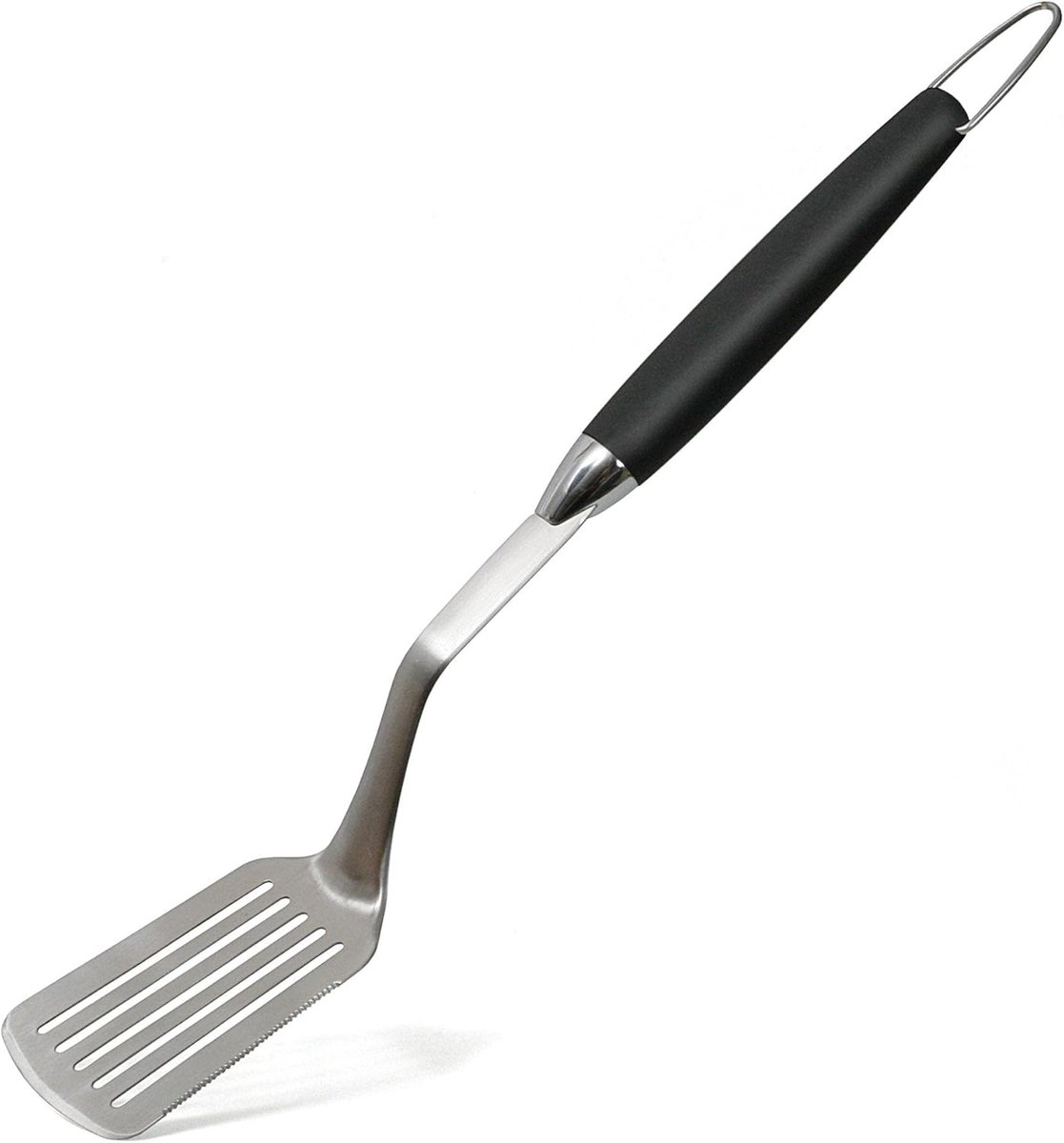 Premium grillspatel, 51 cm lang, roestvrij staal/kunststof, hittebestendig, getande rand, spatel met ophanging en handgrepen, zilver