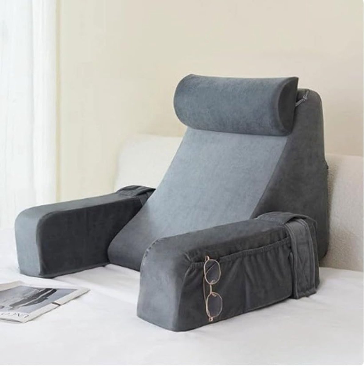 Rugkussen voor bed en bank, leeskussen met afneembare armleuningen en hoofdkussens, ergonomisch rugkussen, wigkussen voor lezen, werken, tv kijken (zwart)