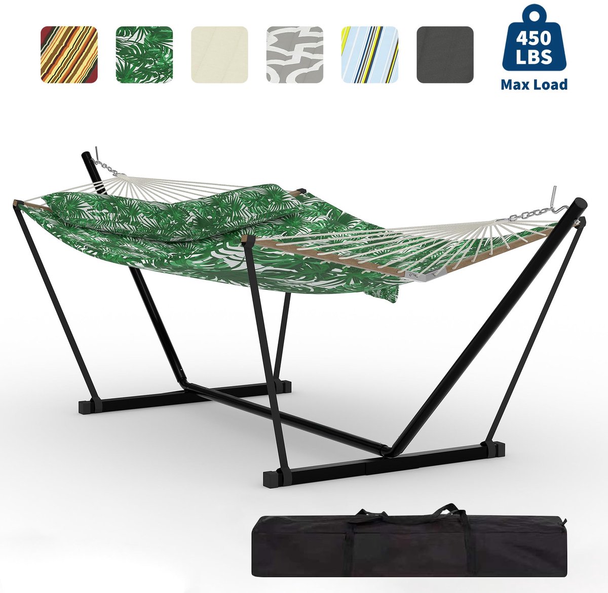 Hangmat Met Stalen Standaard - Schommelbed Outdoor - Draagtas - Afneembaar Kussen En Mat - V-Vorm Spreidstok - 200kg Draagvermogen - Voor Tuin Strand Zwembad Binnen Buiten - Groen