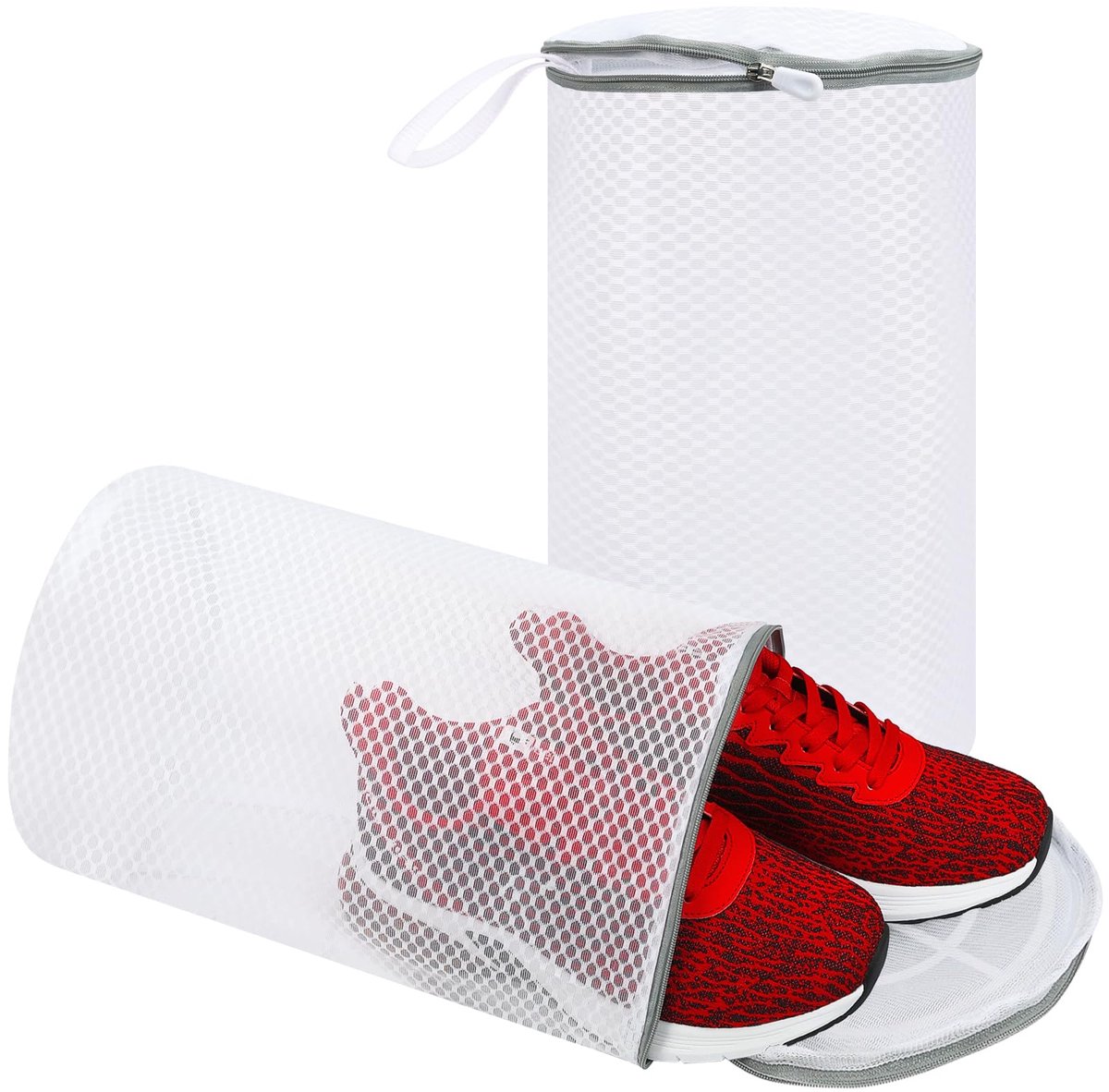 Schoenwasmachinezak, verpakking van 2 stuks, honingraatnet, schoenwaszak met ritssluiting voor sportschoenen, hardloopschoenen, sokken, beha's, fijne was en speelgoed, wit, Cylindrical