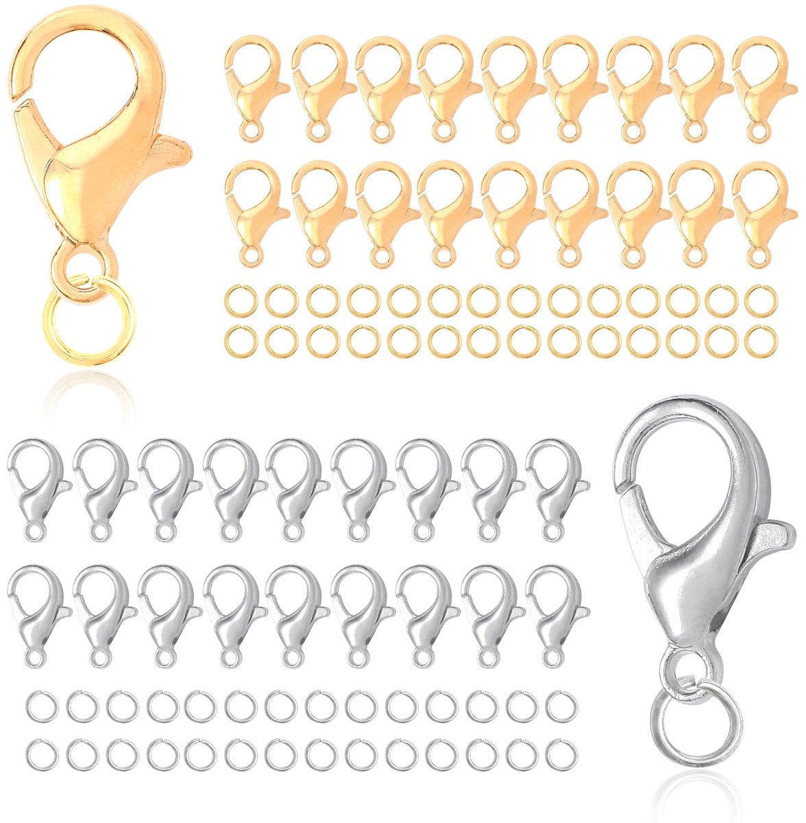 200 stuks, armbandsluitingen, 12 mm, met 400 buigringen, kettingsluitingen, sieradensluiting, karabijnsluiting, sluitingen voor het maken van sieraden (zilver/goud)