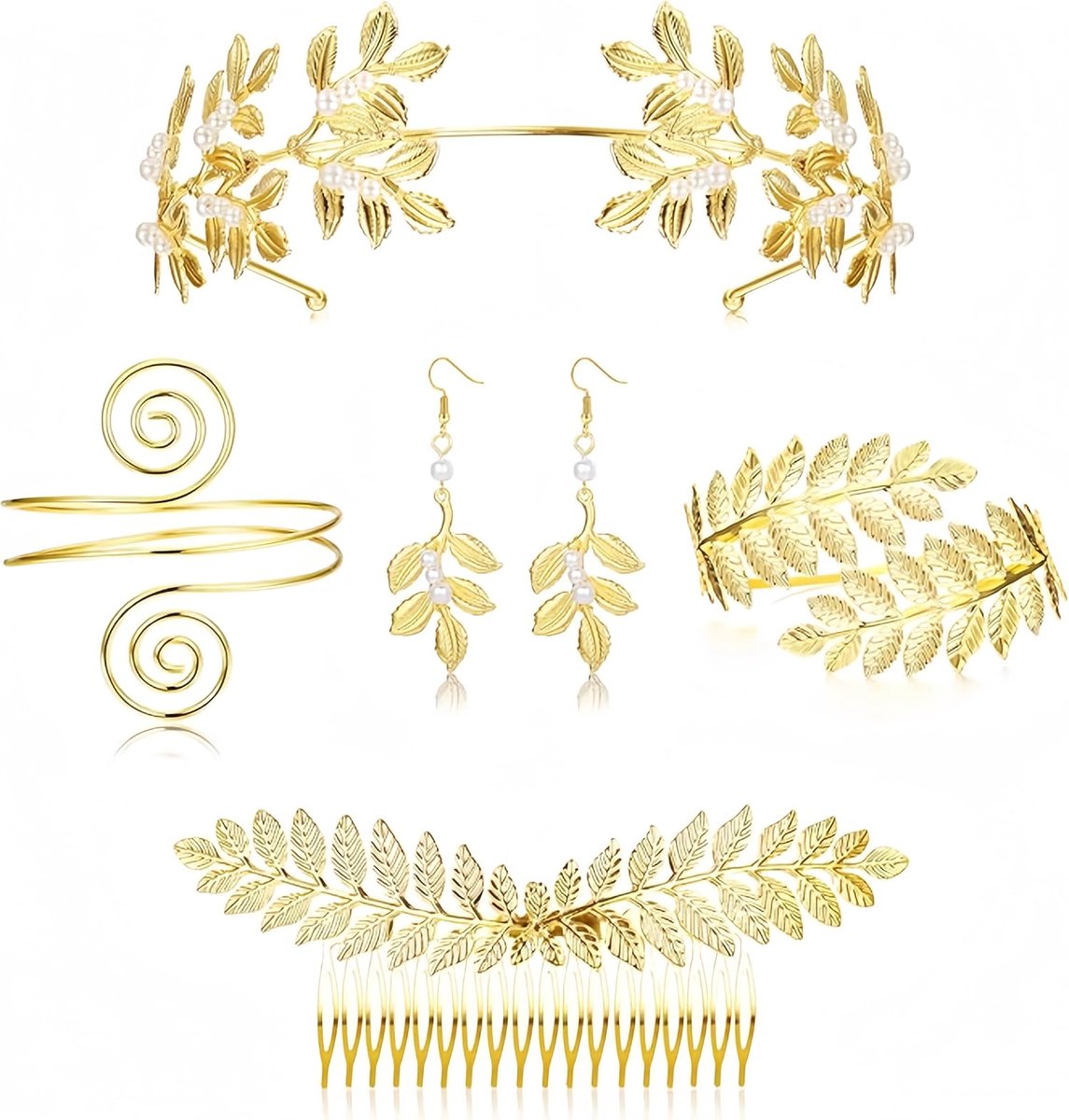 5-delige set Griekse godin kostuum met bladerdesign, hoofdtooi, lauwerkrans, haarkam, Romeinse godin haarband, Griekse godin sieraden voor bruid kostuum, bruiloft