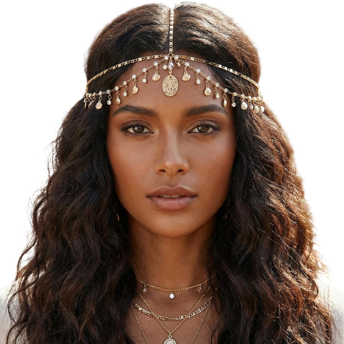 Goudkleurige godin hoofdketting - Orakel hoofdsieraad - Strass en schelpjes - Goudkleurige haarketting - Pompon ketting - Boheemse stijl - Orakel kostuum