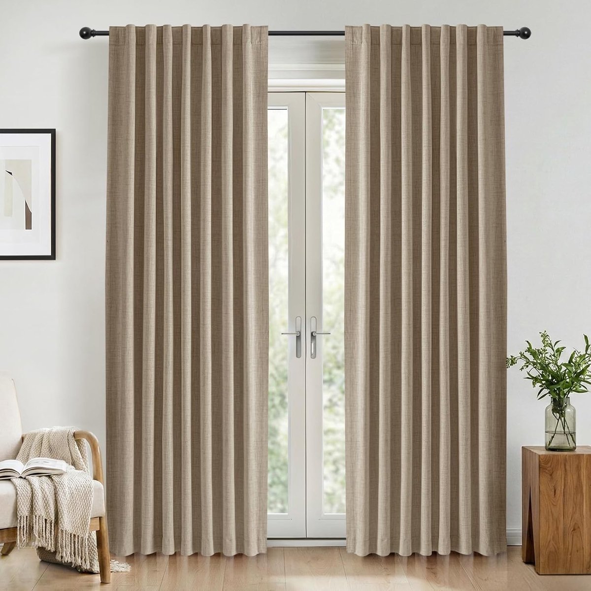100% Verduisterende Gordijnen 2 Stuks, Linnenlook Gordijnen Thermisch Gordijn Koudewerende Ondoorzichtige Gordijnen, Bruin Gordijnen voor Woonkamer Slaapkamer, H 260 x B 140 cm