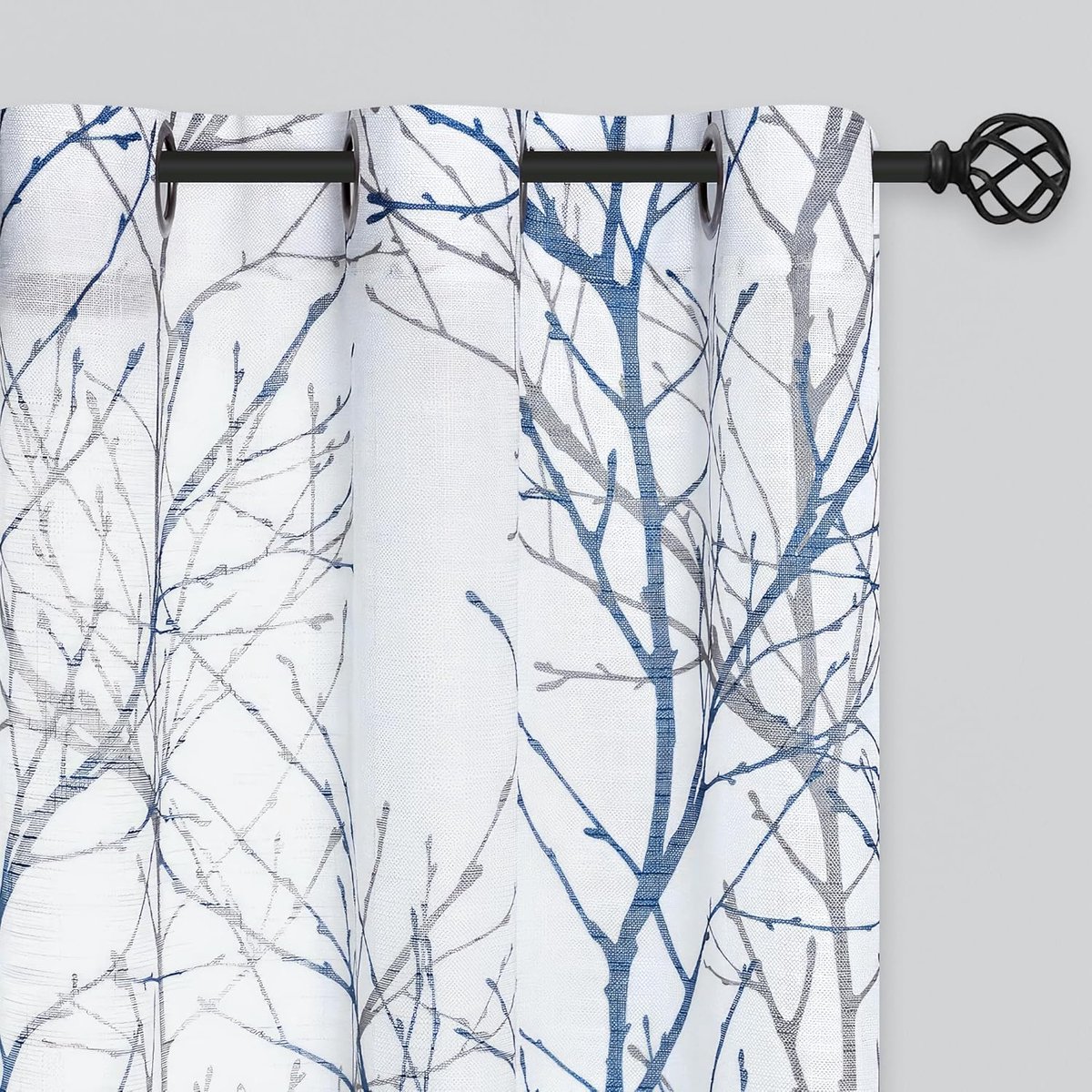 Print Blauw Wit Semi-Sheer Gordijnpanelen voor Slaapkamer 160 cm Grijze Boomtak Afdrukken op Linnen Getextureerde Raambehandeling Set voor Woonkamer Gordijnen 127 cm w 2-Pack