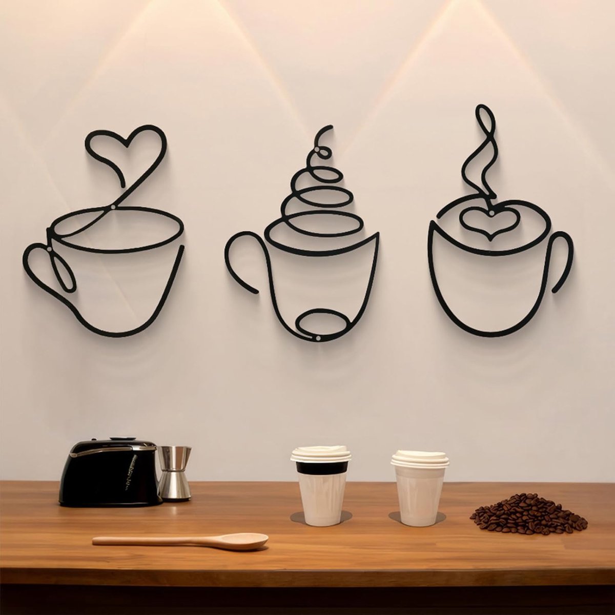 Metalen Wanddecoratie Koffiekopje, 3 Stuks Minimalistische Zwarte Metalen Wanddecoratie, Decoratie voor Keuken, Woonkamer, Café, Kantoor, Restaurant, Bar, Eenvoudig te Installeren