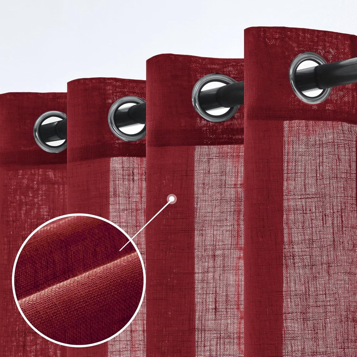 Set van 2 transparante linnen gordijnen met ringen, moderne interieurgordijnen voor slaapkamer, woonkamer en raam, 140x225 cm, bordeauxrood