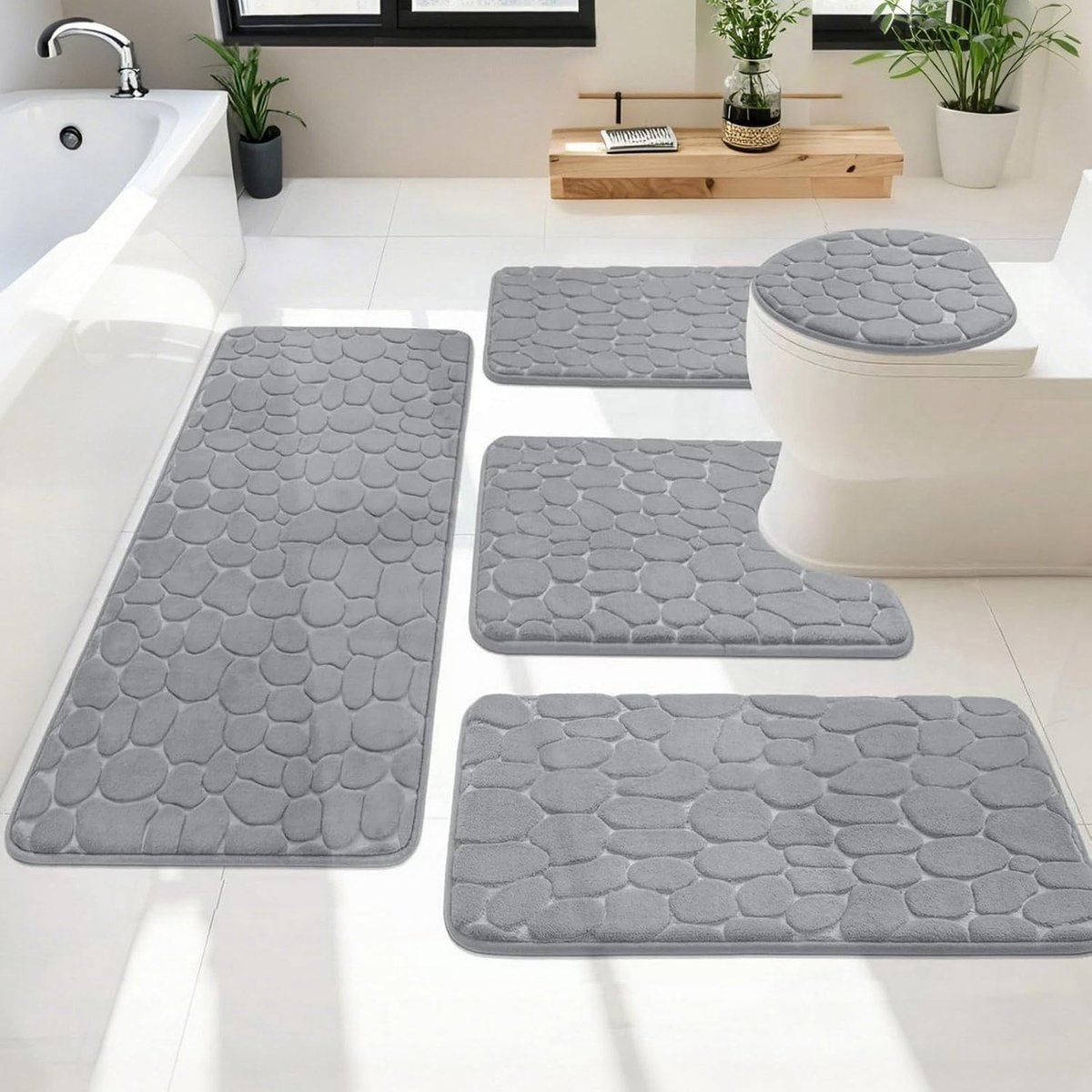 set 5 stuks, wasbare badkamermatten wc-basismat, antislip, sneldrogend, absorberende badmat voor badkuip, douche, grijs