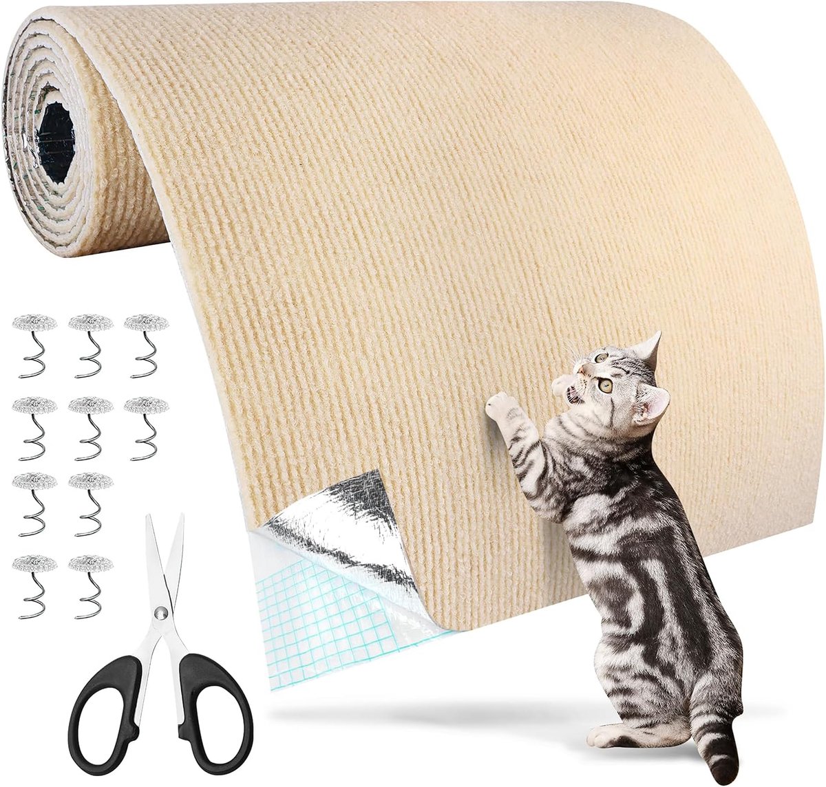 Krabpaal voor bank, zelfklevend, 200 cm × 40 cm, tapijt voor katten, bescherming voor banken, meubels, muren (kaki)