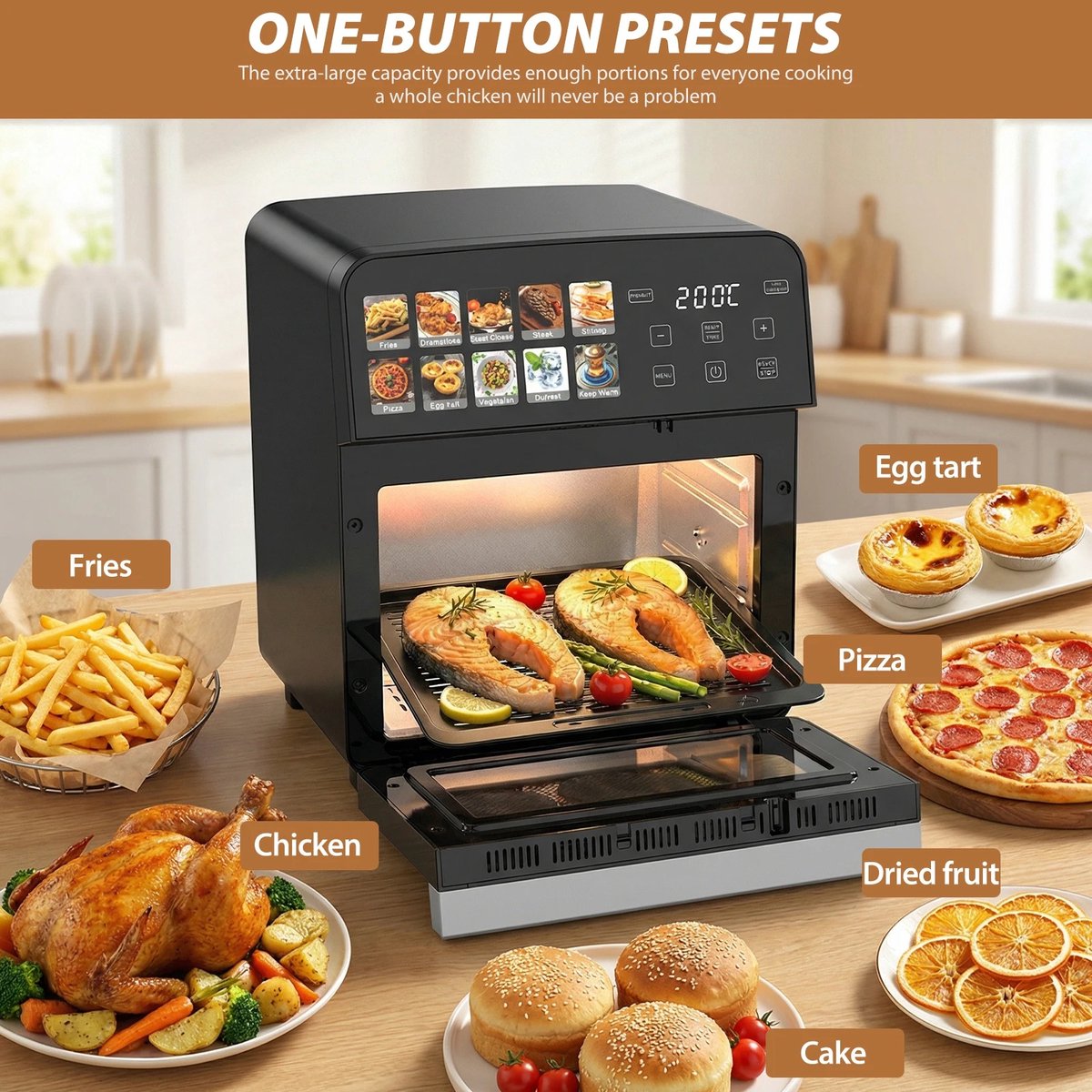 Zerova Heteluchtfriteuse - Heteluchtoven - Oven - Bakoven - Braadoven - 360° Heteluchtcirculatie - Timer - Touchscreen - Zwart – foto 4