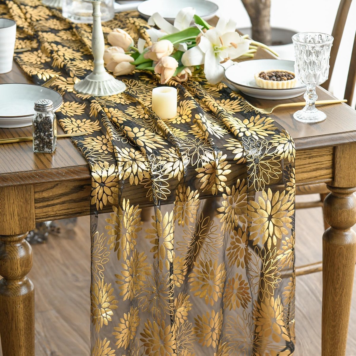 Mode Gaas tule zwart goud bloemen dahlia's tafelloper 70 x 300 cm, keuken tafeldecoratie binnen vakantie party decoratie