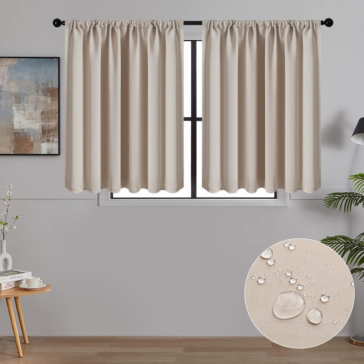 Set van 2 korte verduisteringsgordijnen, ondoorzichtige keukengordijnen, panelen, decoratief, voor woonkamer, slaapkamer, 60 x 120 cm (hoogte x breedte), beige