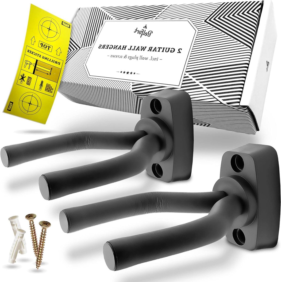 Gitaar Wandhouder - Instrument Hanger - Instrument Opbergen - Compleet Montageset - 2 Stuks - Zwart