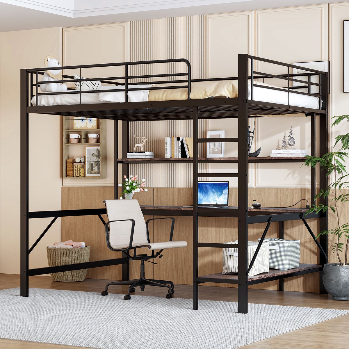 Hoogslaper 140x200 cm - Met bureau, opbergplanken & led-verlichting - Metaal - Zwart - Zonder matras