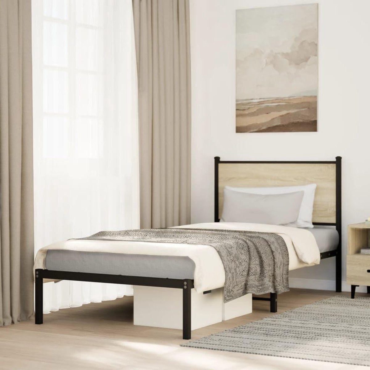Bedframe met Hoofdbord - Ledikant Metalen Frame - Slaapkamer Inrichten - Robuust Stalen Frame - 80x200 cm - Sonoma Eiken
