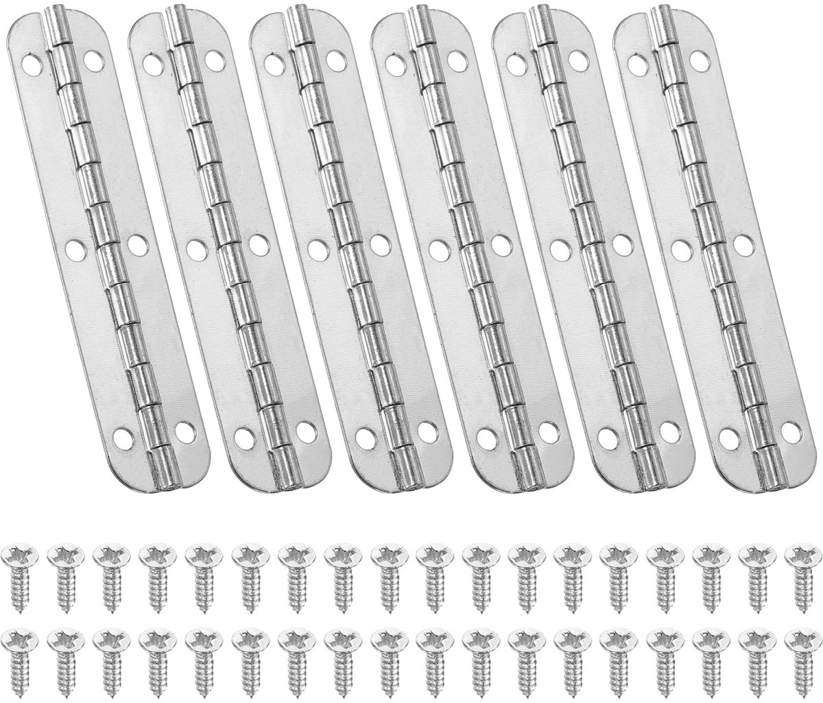 Pianoscharnier 6,6 cm x 1,5 cm, 6 stuks mini 180 graden sieradendoos scharnieren met schroef voor sieraden houten kisten, zilver