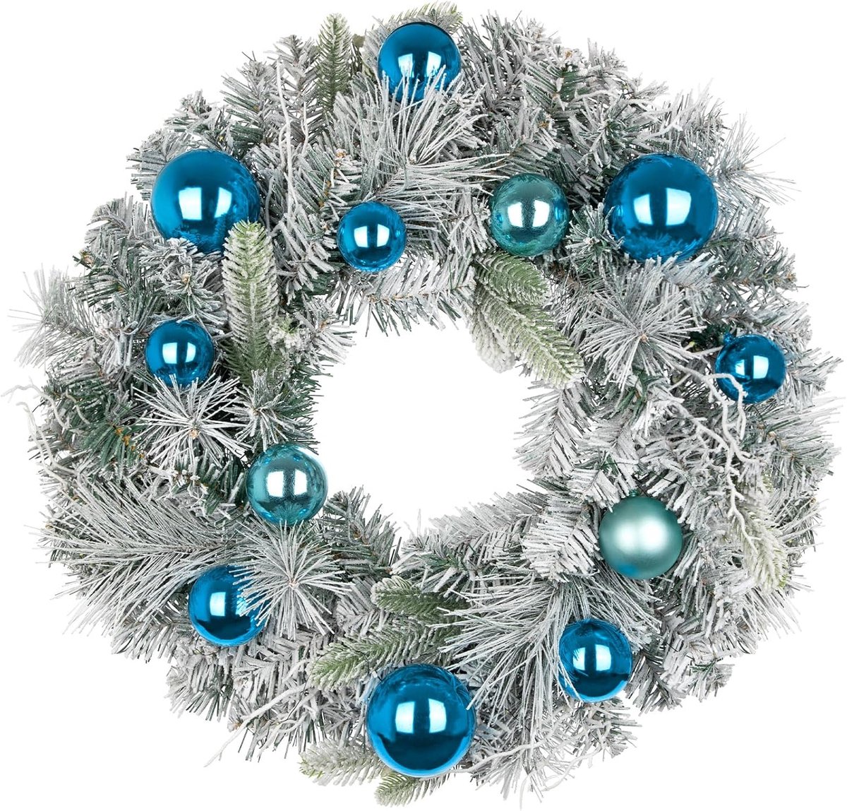Kerstkrans van 61 cm voor voordeur, grote deurkrans met blauwe kerstballen, grote kunstkrans, decoratie met besneeuwde grenen, voor binnen en buiten, Kerstmis, vakantie, hangende
